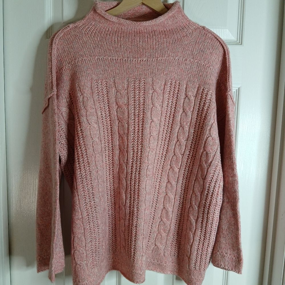 Pink Cable Knit Rolled Funnel Neck Women's Sweater Sz L NWT
